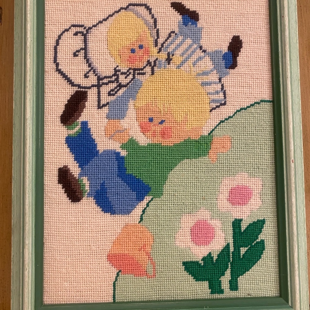 Needlepoint Homemade Framed Jack & Jill 9”x11” wall decor children nursery rhyme - Picture 9 of 14